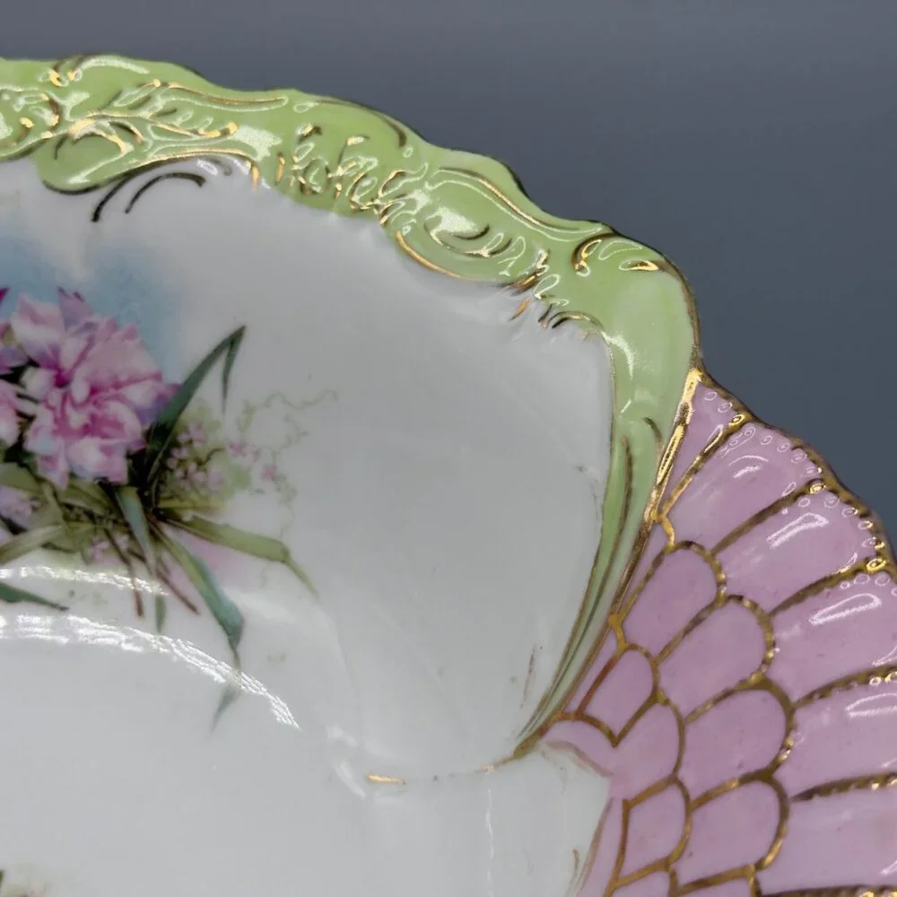 Antique Hand Painted Porcelain 10” Serving Bowl Pink Green Gilt Floral